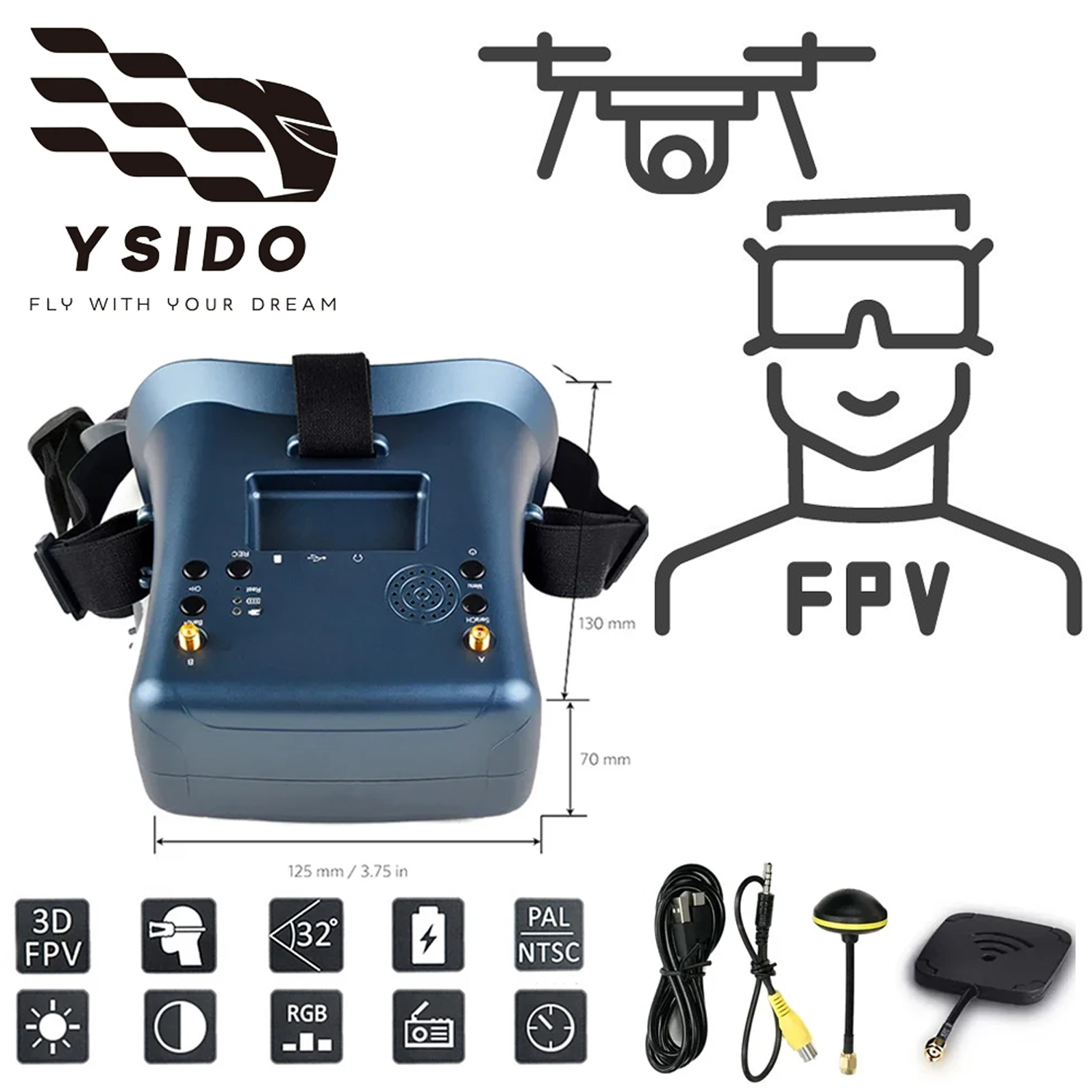Drone Racing Goggles - FPV-bril 008D 5.8G 40CH 4.3 inch